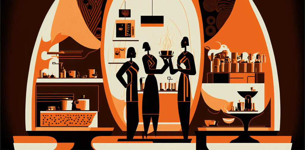 Illustration of 3 staff members in restaurant