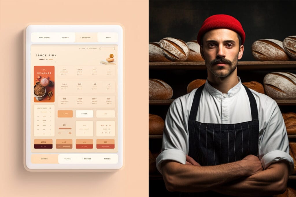 Bakery POS dashboard mockup on iPad on the left and a baker on the right.