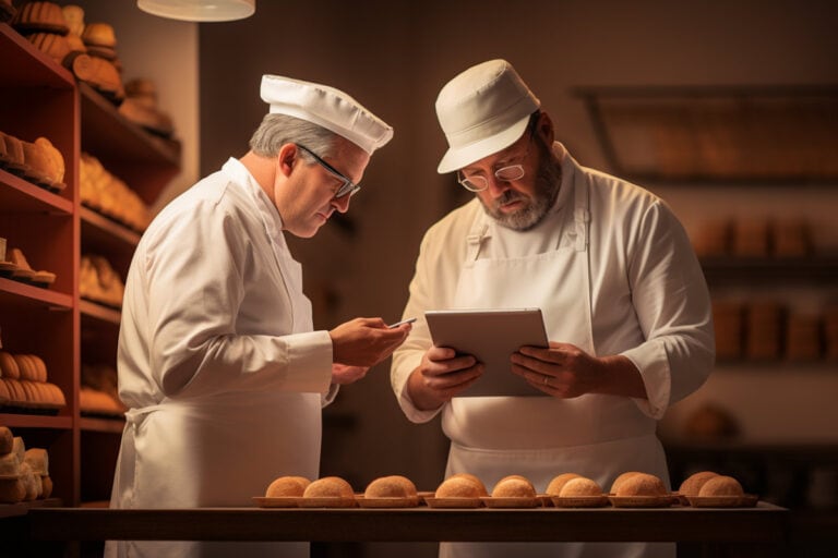 illustration of 2 bakers looking at mobile POS devices
