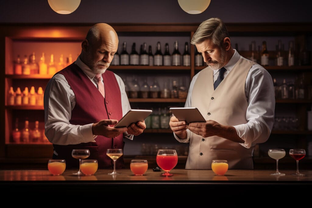 Illustration of 2 bartenders testing POS devices in a bar