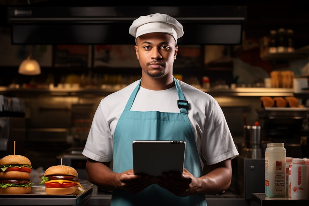 illustration of a quick service chef holding a POS device