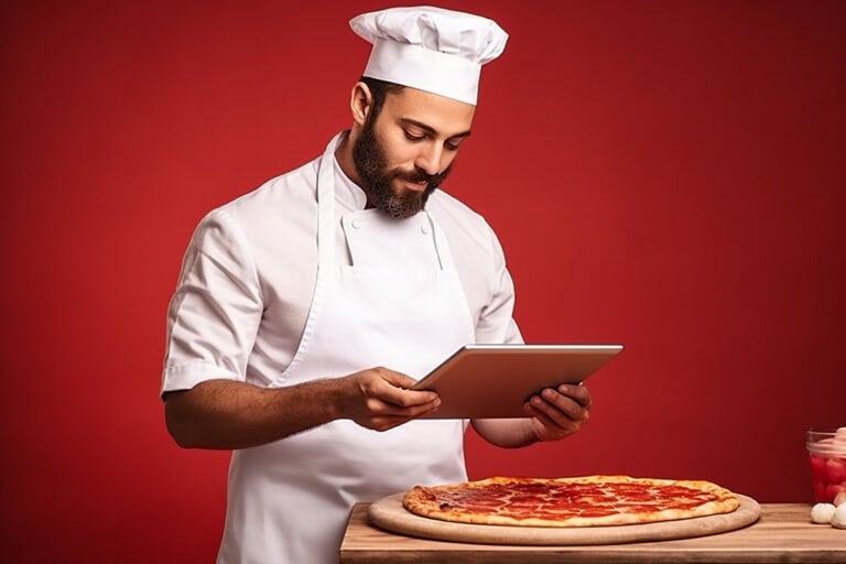 illustration of a pizza shop chef holding a mobile POS device