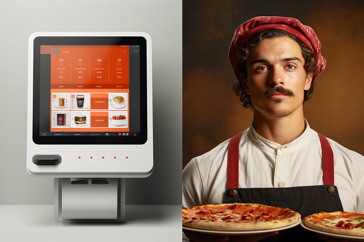 Illustration of a pizza pos system and a pizza baker
