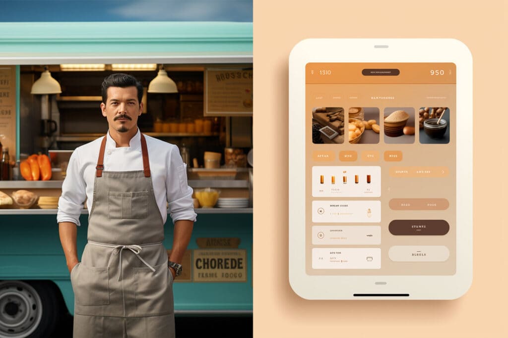food truck owner and an ipad showing the dashboard of a POS system