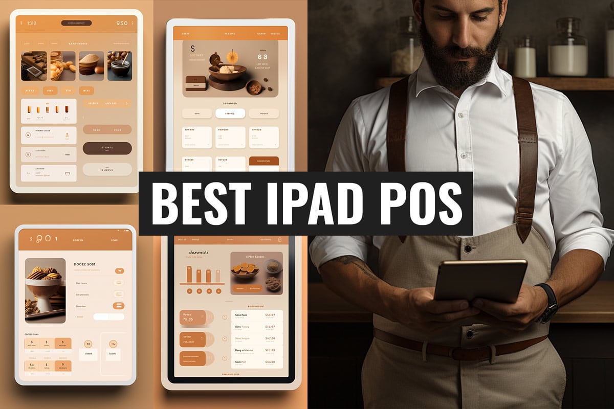 4 iPads restaurant POS systems and a restaurant staff member holding an iPad