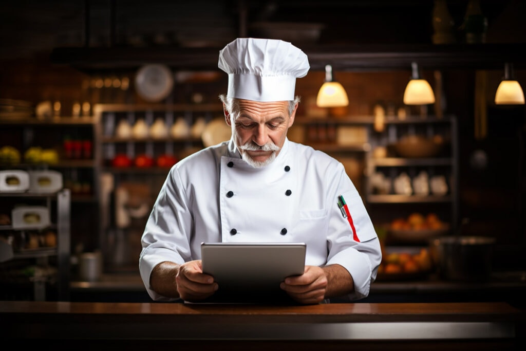Illustration of a chef checking price on an iPad