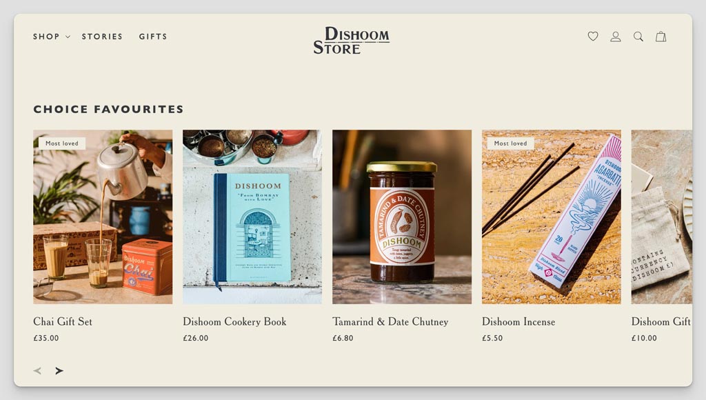 Website of the Dishoom store