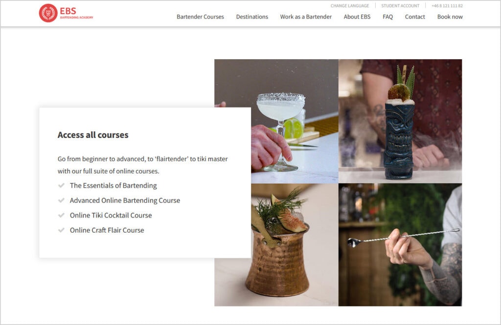 EBS Online Bartending Courses website screen