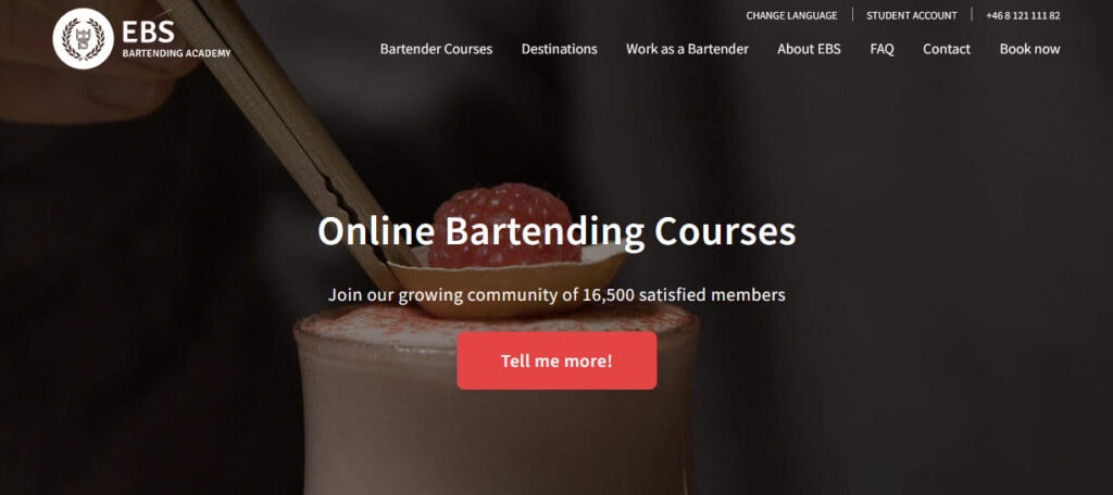 EBS Online Bartending Courses website screen