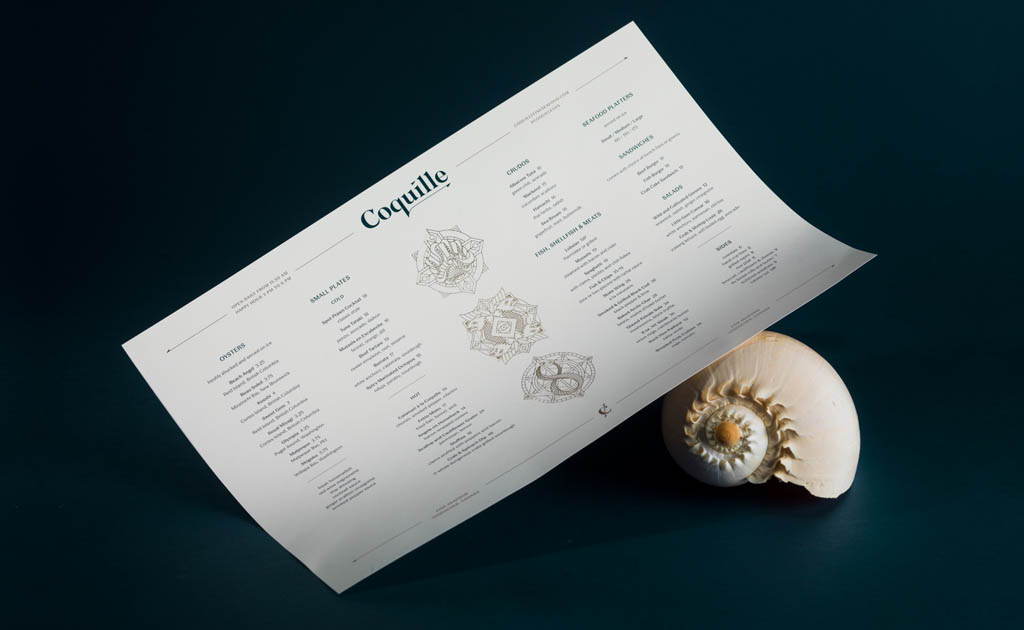 Coquille Fine Seafood Restaurant Menu Design by Glasfurd & Walker