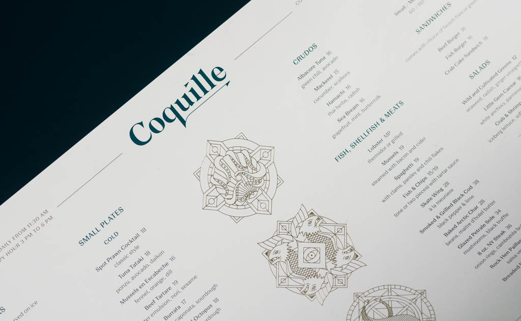 Coquille Fine Seafood Restaurant Menu Design by Glasfurd & Walker