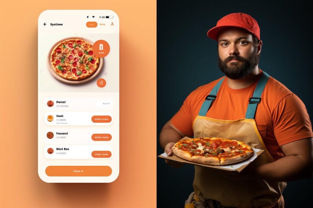 Illustration with a pizza baker and an online pizza ordering app