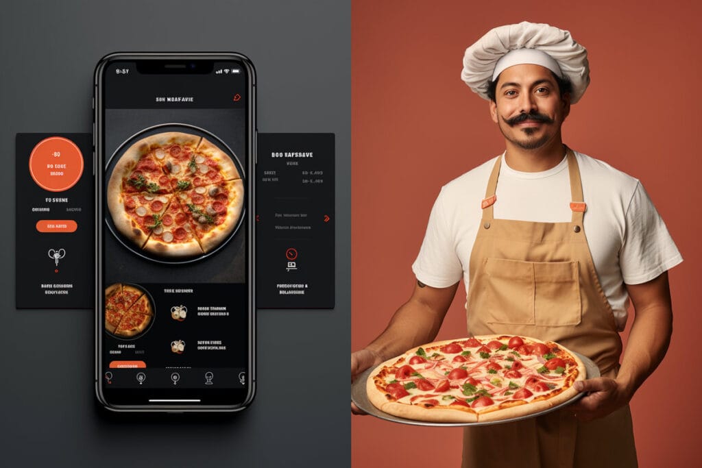 Illustration of a pizza baker and an pizza ordering app