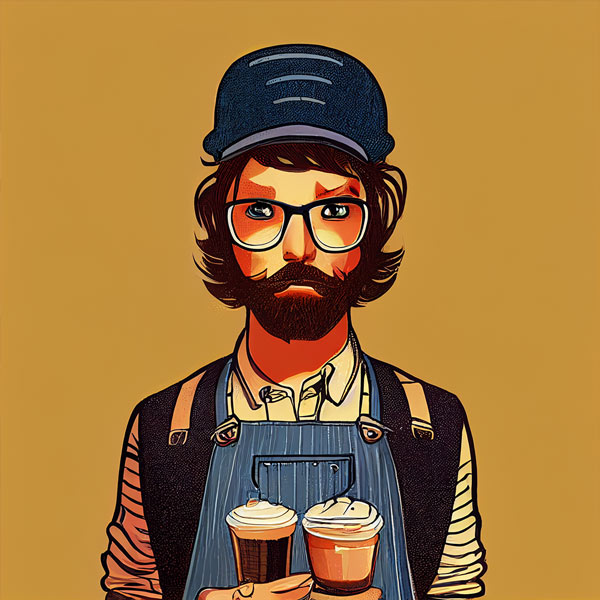 Illustration of a barista holding cups of coffee