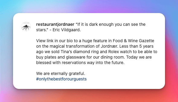Instagram caption by restaurant Jordnaer