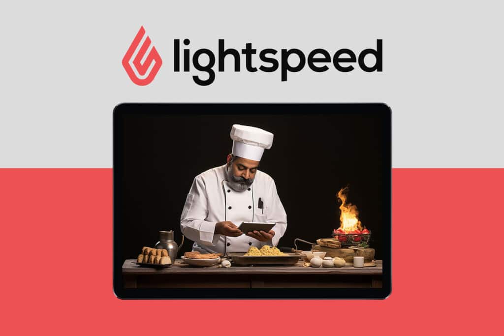 illustration of a chef holding a POS device under a Lightspeed logo