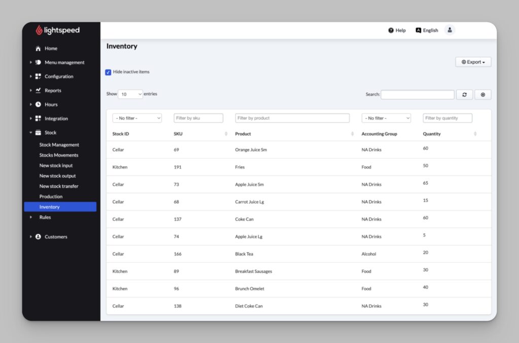 Lightspeed inventory management screen