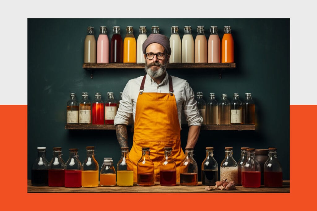 illustration of restaurant owner standing among bottled products