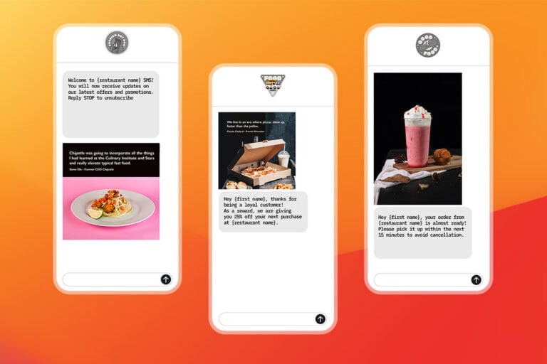 3 mobile phones with text messages from restaurants