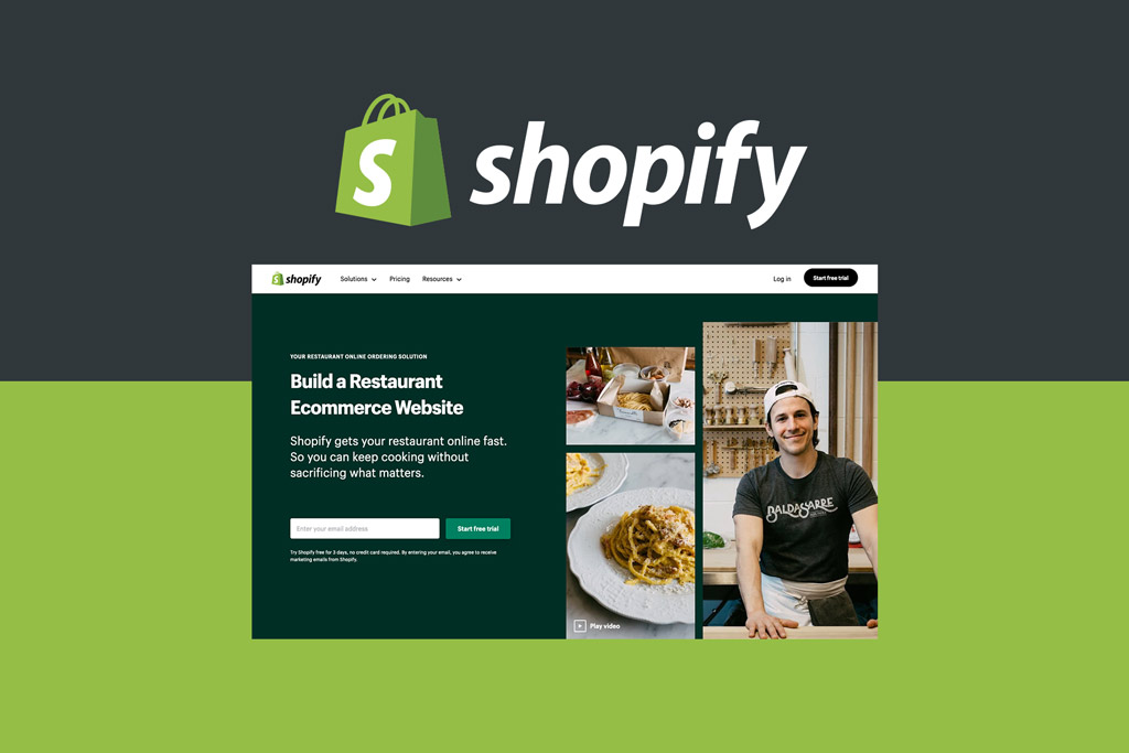 Image showing Shopify logo and screenshot of Shopify restaurants homepage.