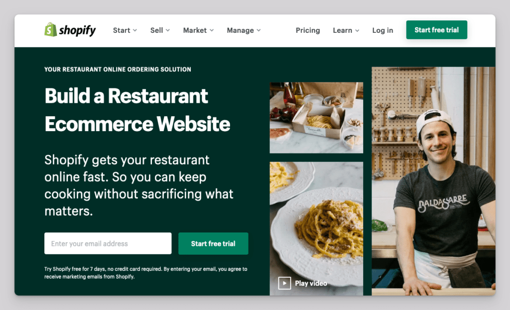 Screenshot of Shopify for Restaurants homepage