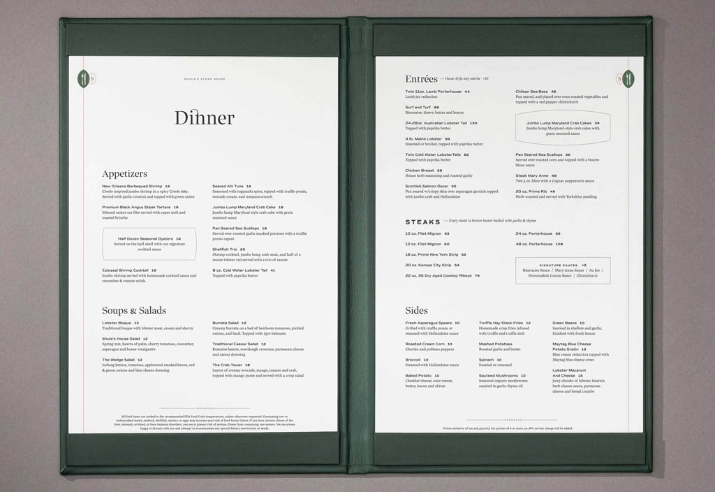 Shula’s Steak House Menu Design by Temper