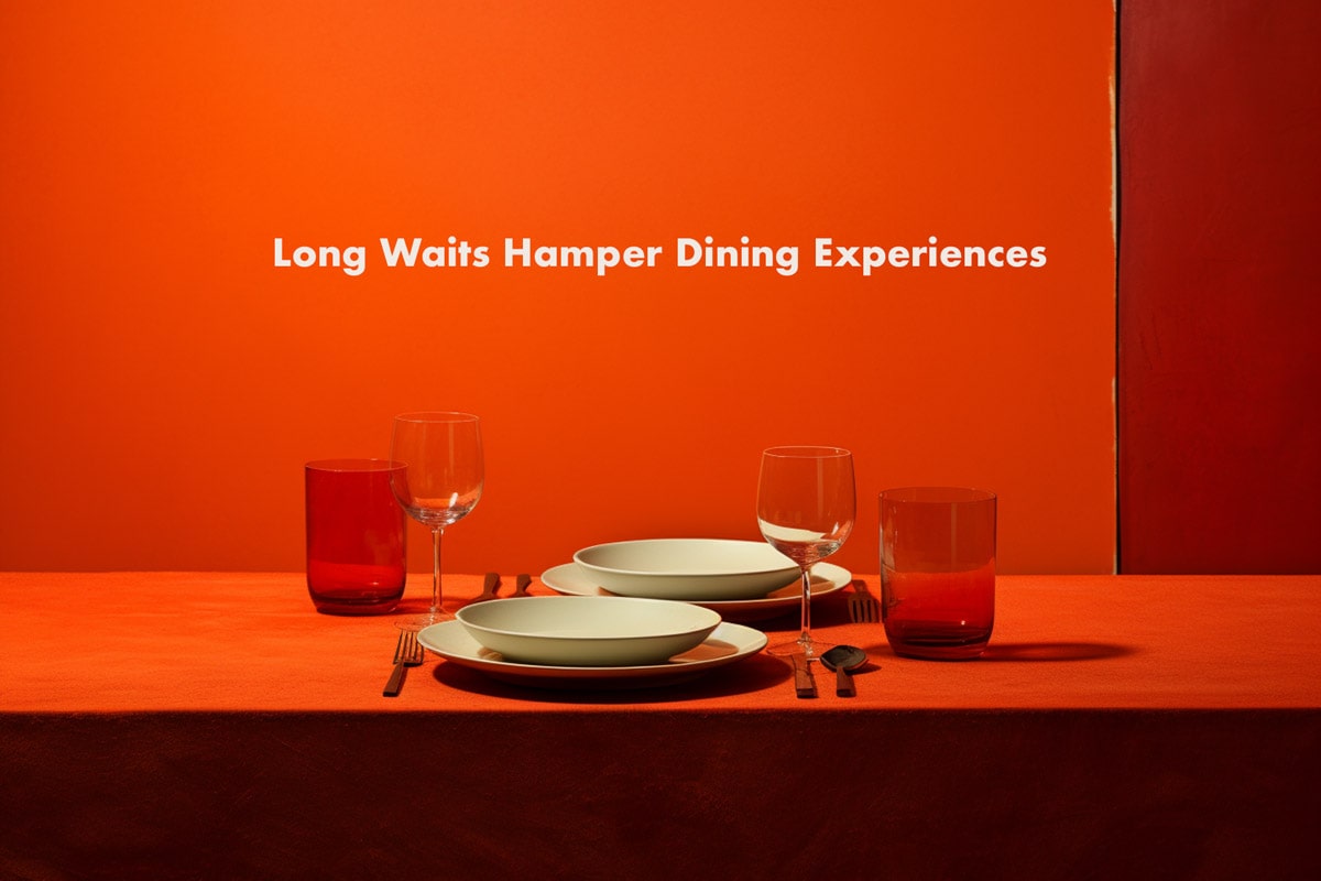 illustration of a table setting in restaurant with the text "Long waits hamper dining experiences"