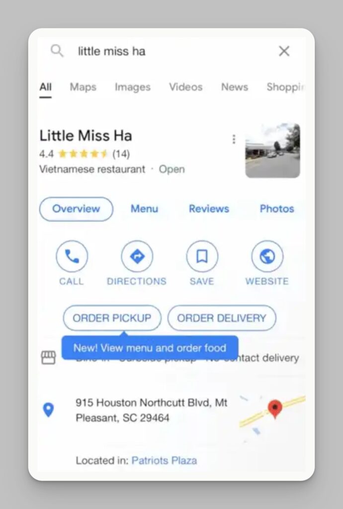 SpotOn order with Google screenshot