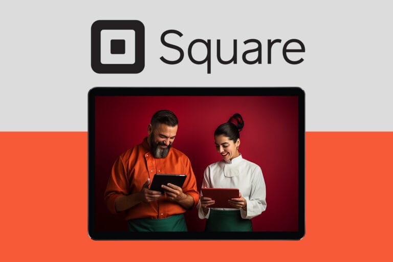 illustration of 2 chefs holding POS devices under a Square logo