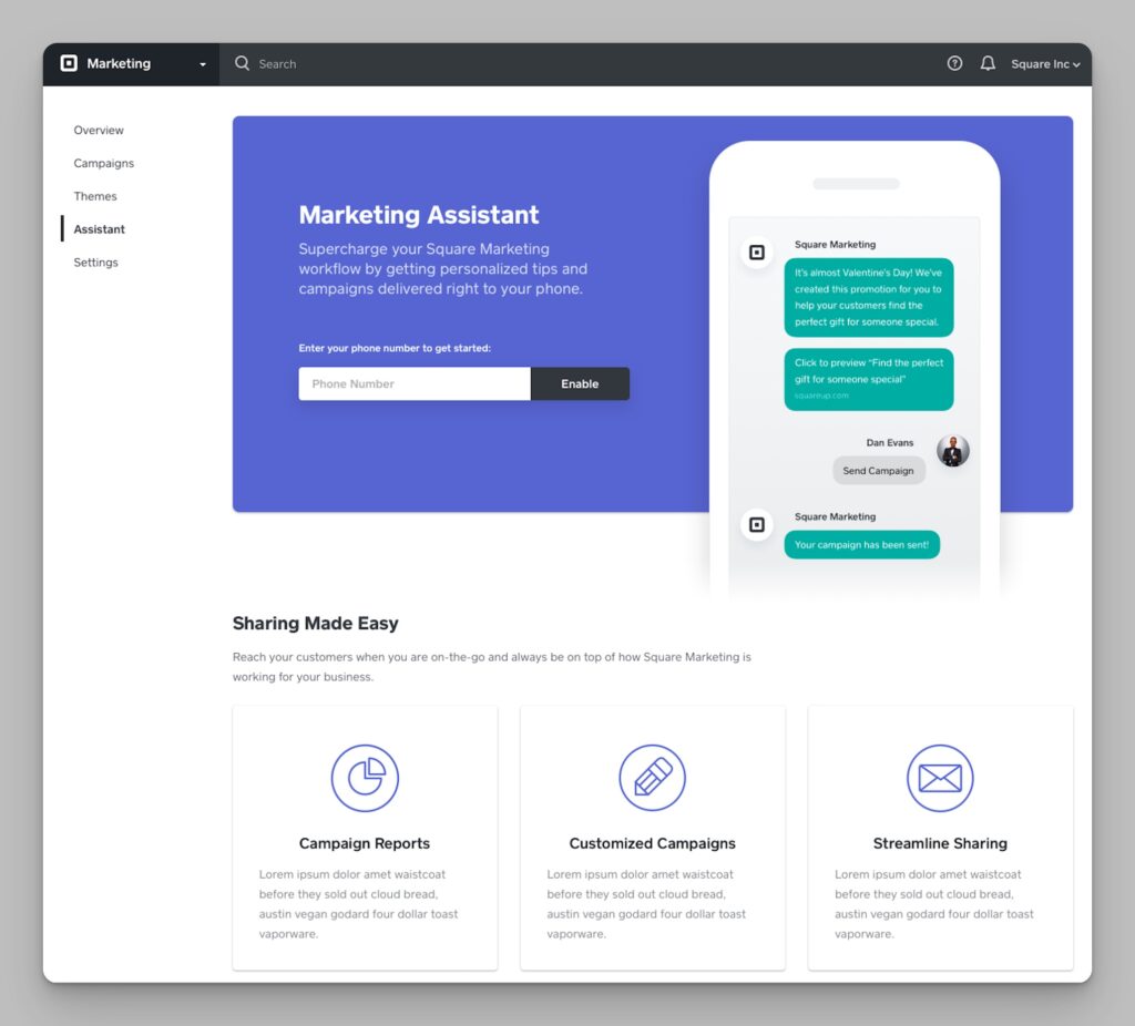 Square marketing assistant dashboard