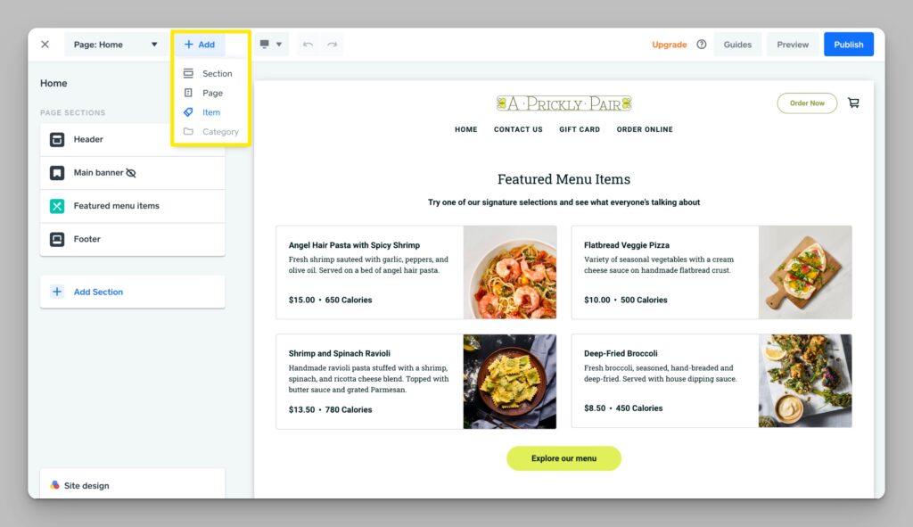 Square online menu creation