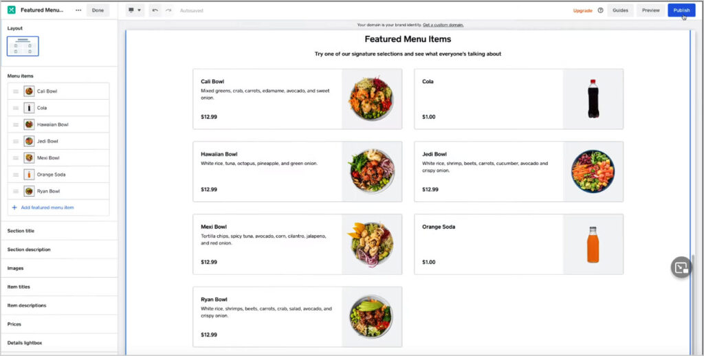 Dashboard of the menu page of the Square online website builder