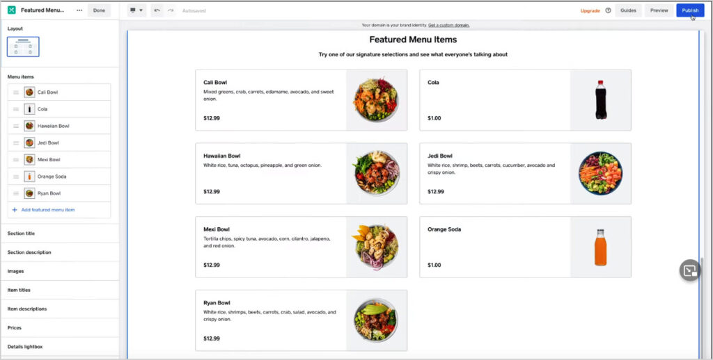 Square menu builder dashboard example