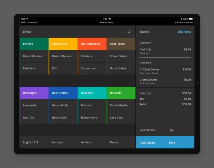 Square restaurant POS dashboard