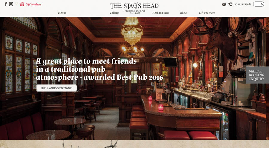 website screen of the Irish pub The Stag's Head