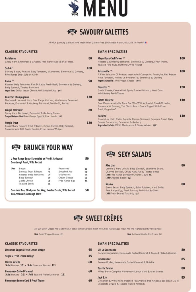 Website picture of menu from Swan Café