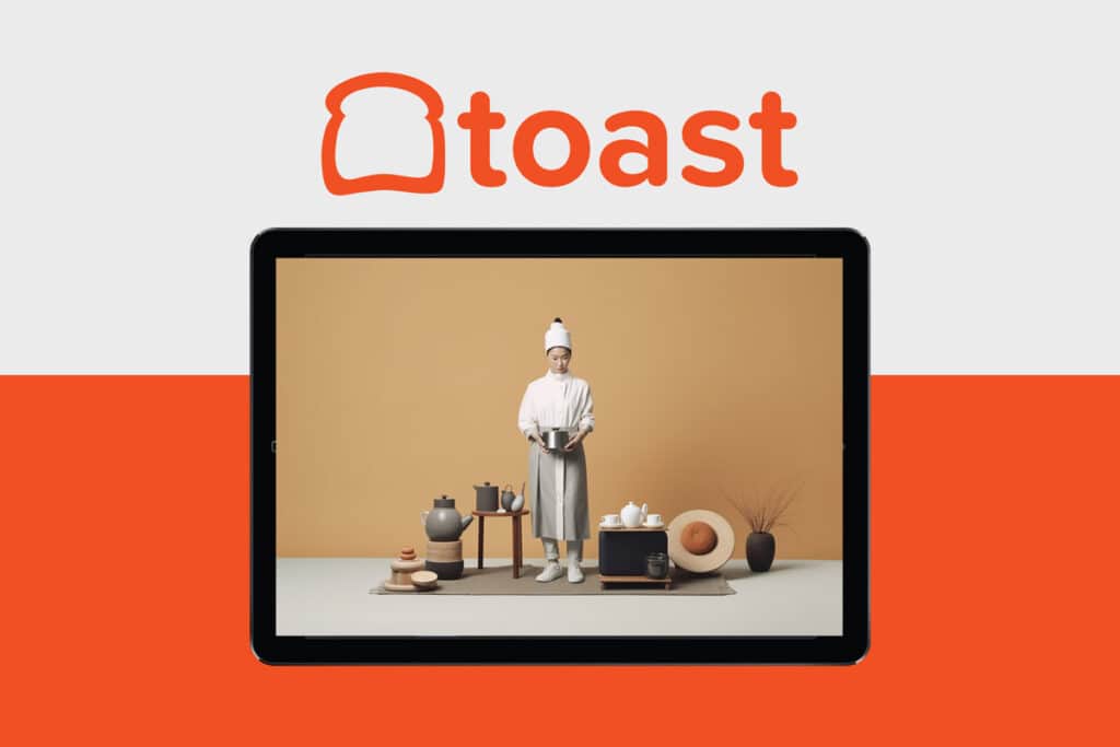 Graphic showing Toast logo and an illustration of a restaurant selling merch