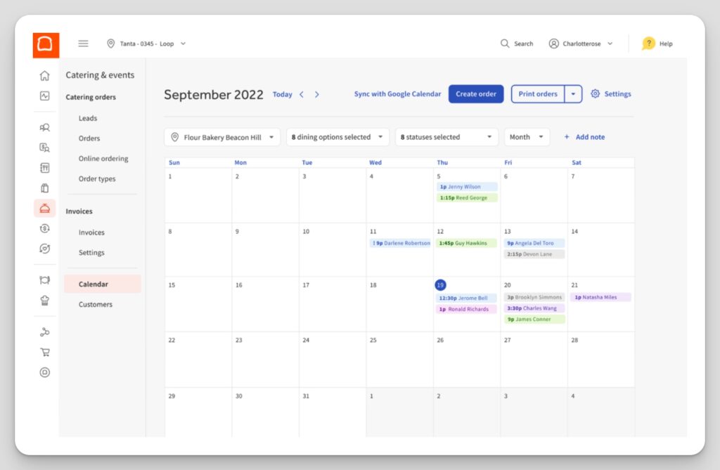 The Toast catering calendar dashboard