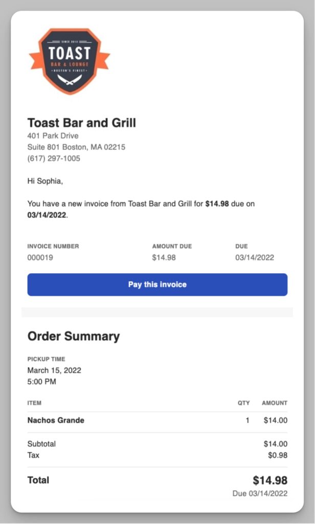 Toast Invoicing example