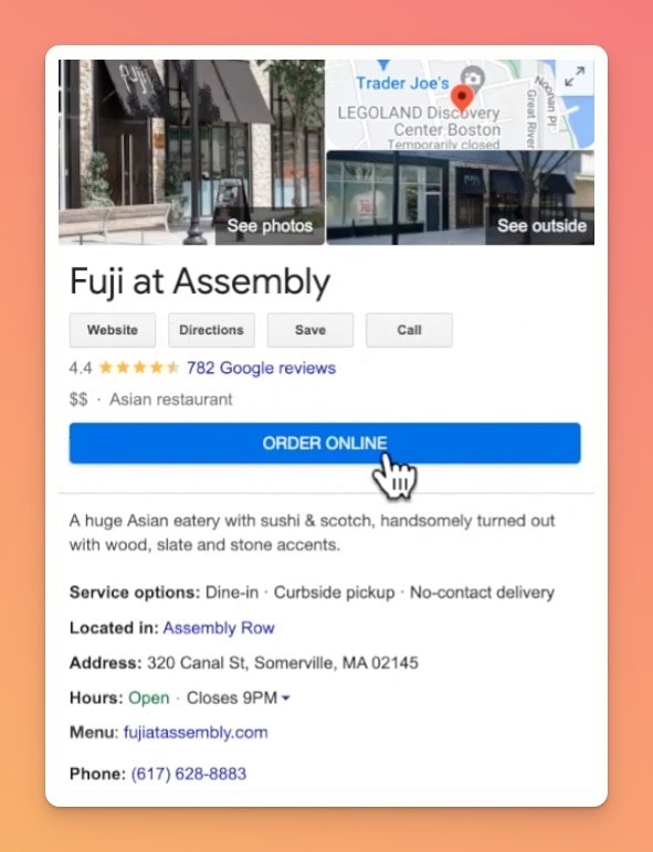 Screenshot showing a restaurant using Toast POS using Google order online