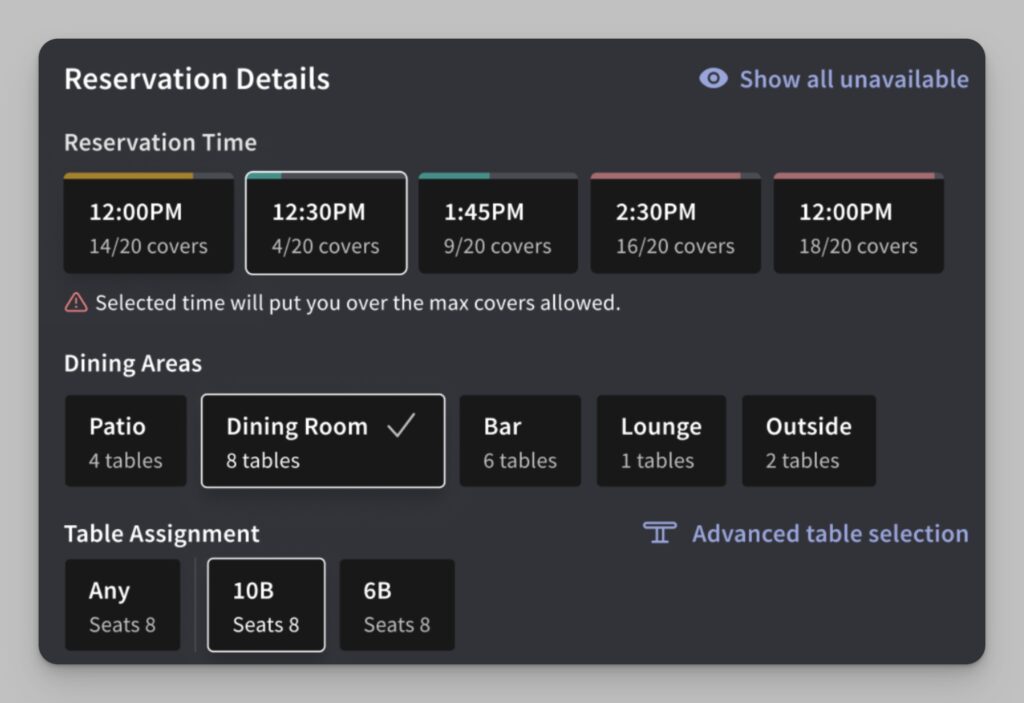 Toast Tables reservation screen