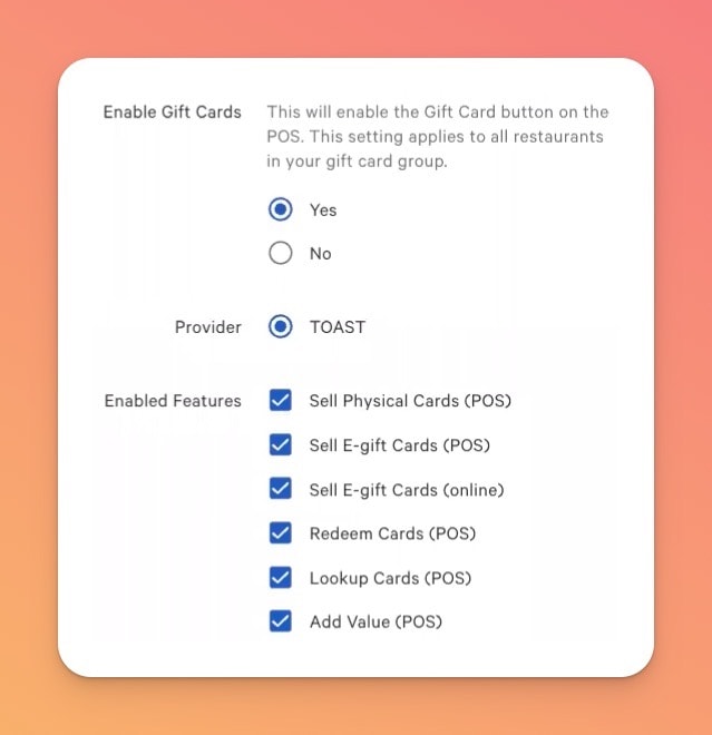 screen shot of the Toast POS dashboard showing gift card options
