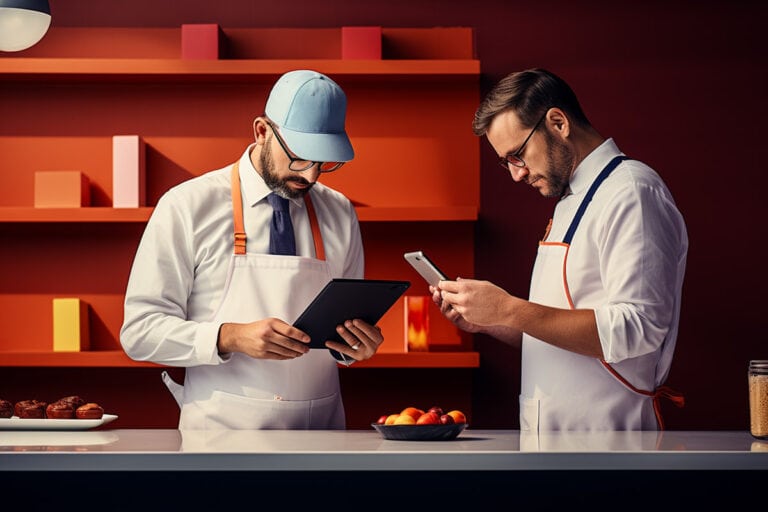 Illustration of 2 chefs holding iPads BOH