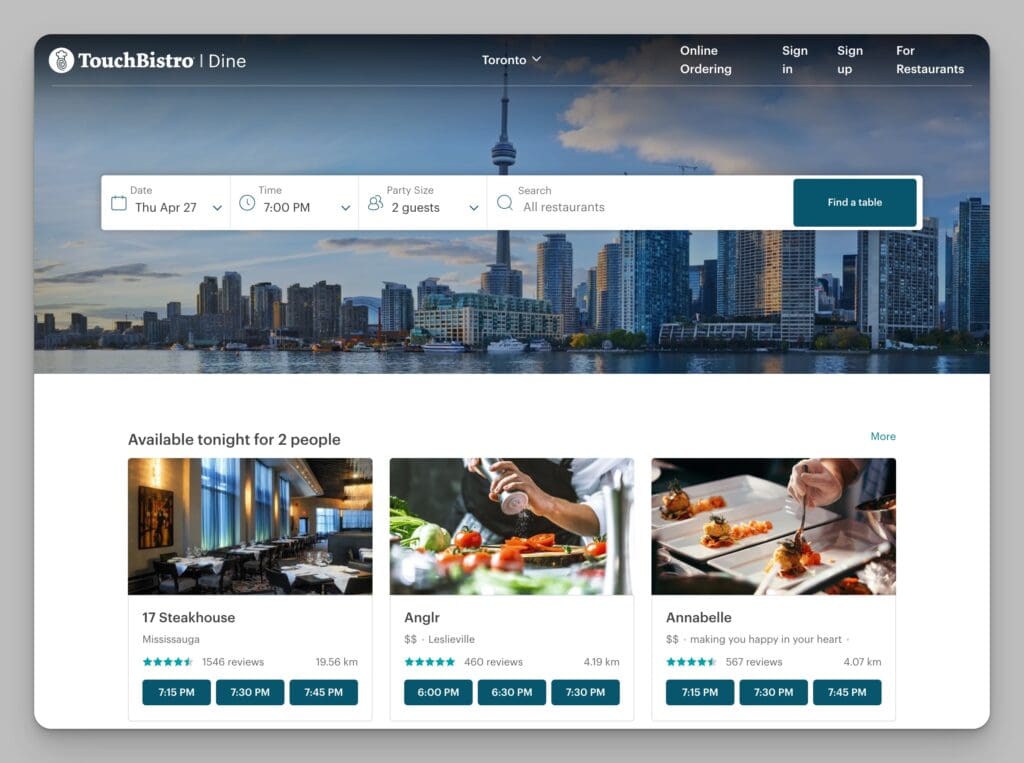 screenshot of TouchBistro Dine website