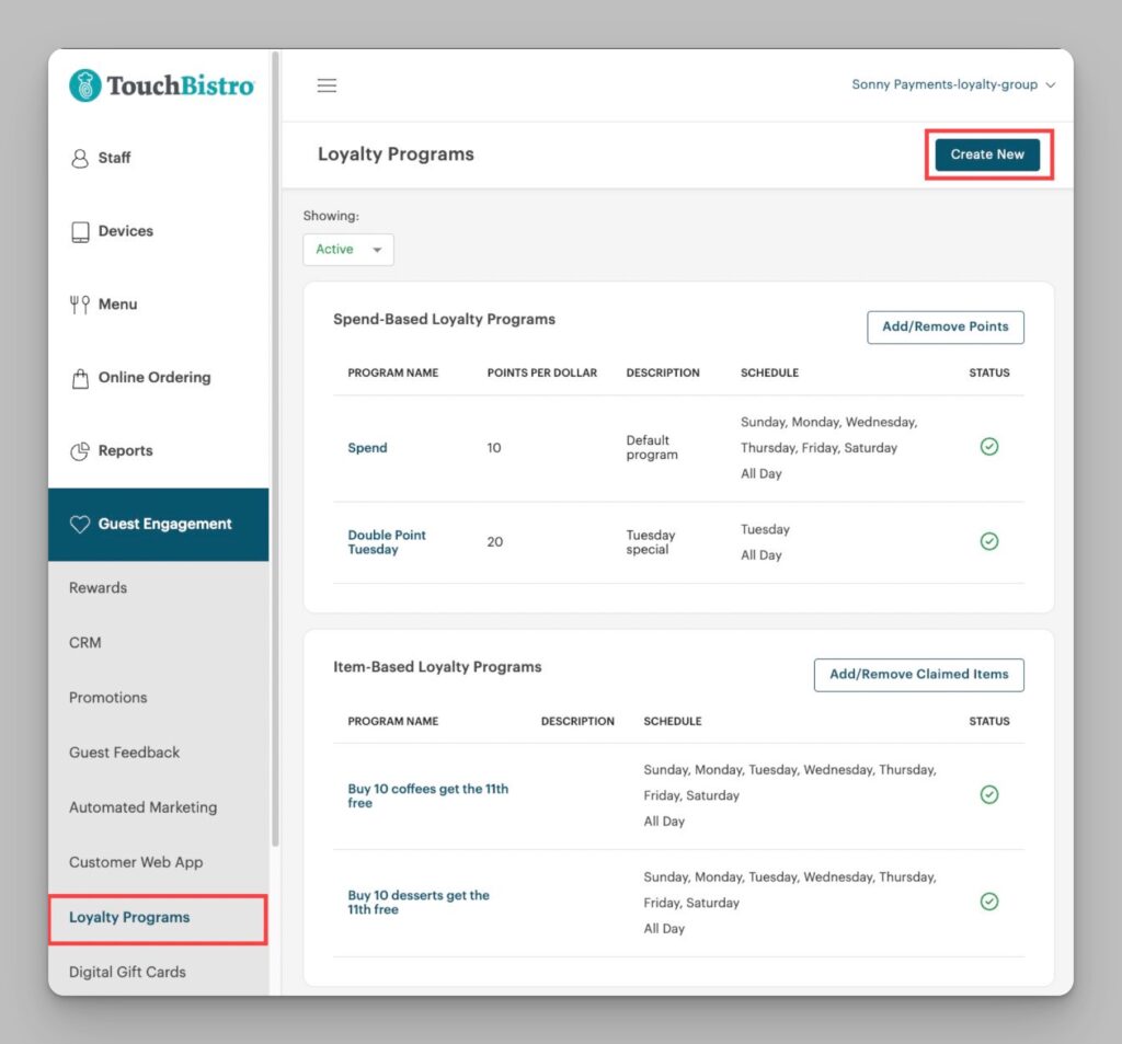 screenshot of TouchBistro loyalty dashboard