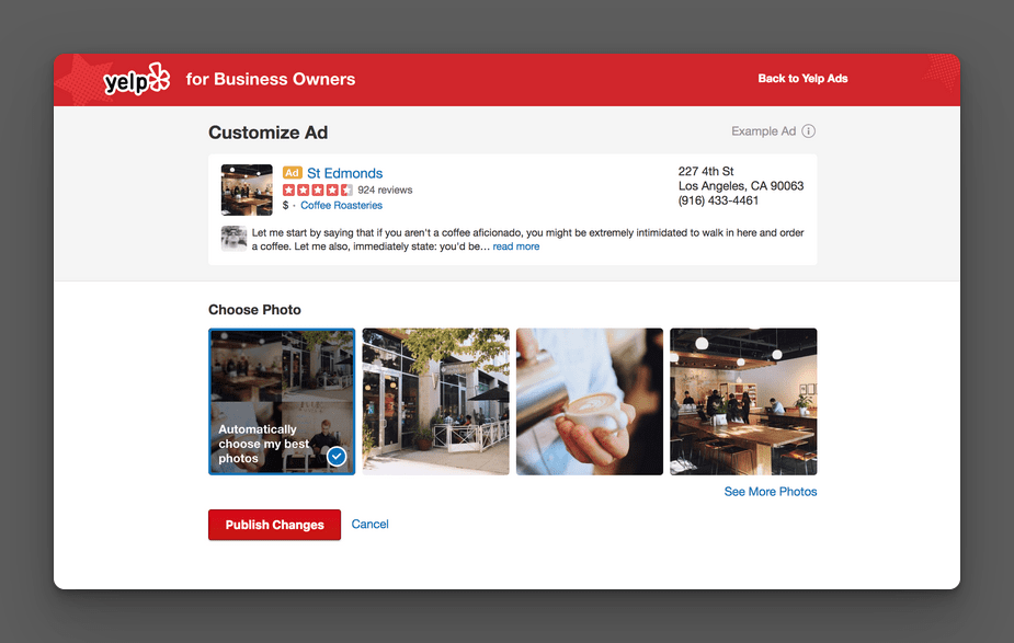 Yelp ads dashboard