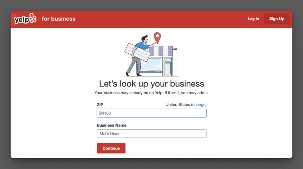 Yelp sign up page