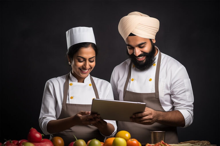 illustration of 2 Indian chefs looking at a POS device