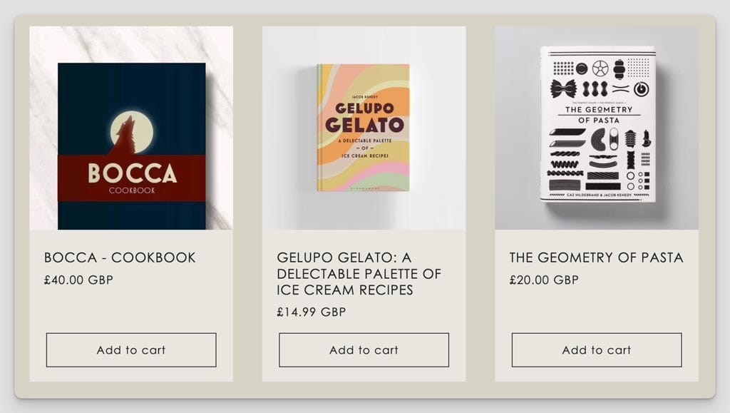 examples of books at restaurant Bocca Di Lupo retail website