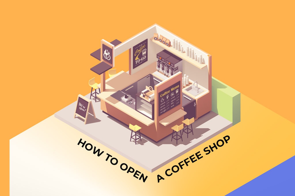 small isometric view of a coffee shop with text.